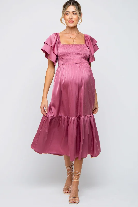 Women's Elegant Evening Outfit Mauve Satin Flutter Sleeve Maternity Midi Dress