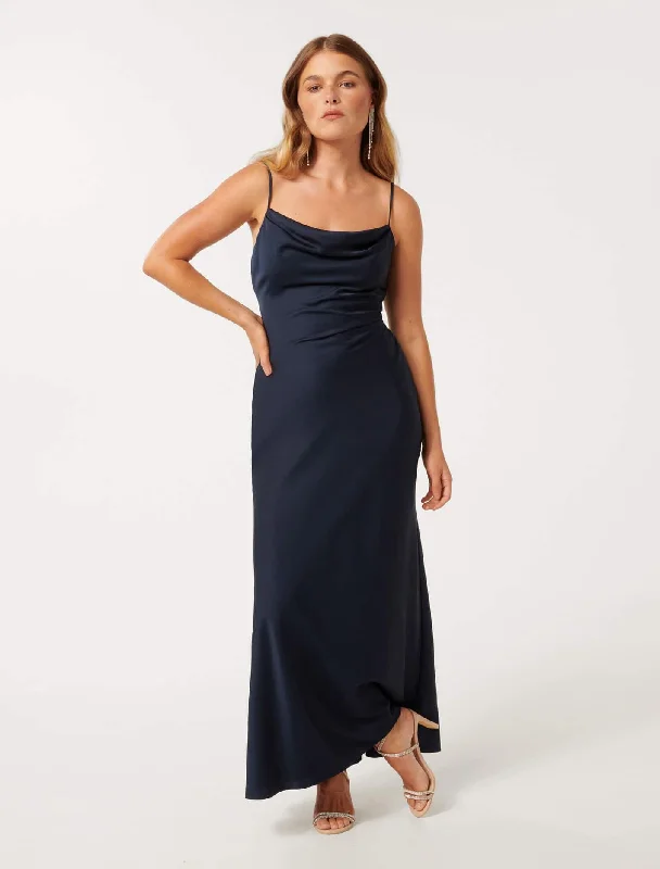 Women's Apparel And Garments Mia Petite Boat Neck Satin Maxi Dress