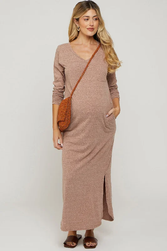 Women's Holiday Clothing Mocha Heathered Pocketed Long Sleeve Maternity Maxi Dress