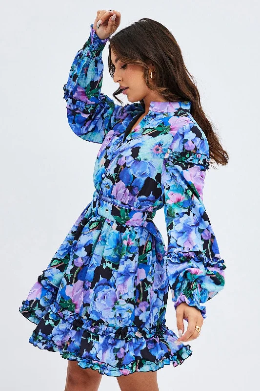 Clothing Brands Multi Floral Ruffle Balloon Sleeve Button Skater Dress