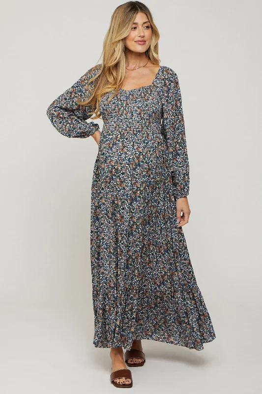 Women's Clothes For Outdoor Events Navy Floral Long Sleeve Maternity Maxi Dress