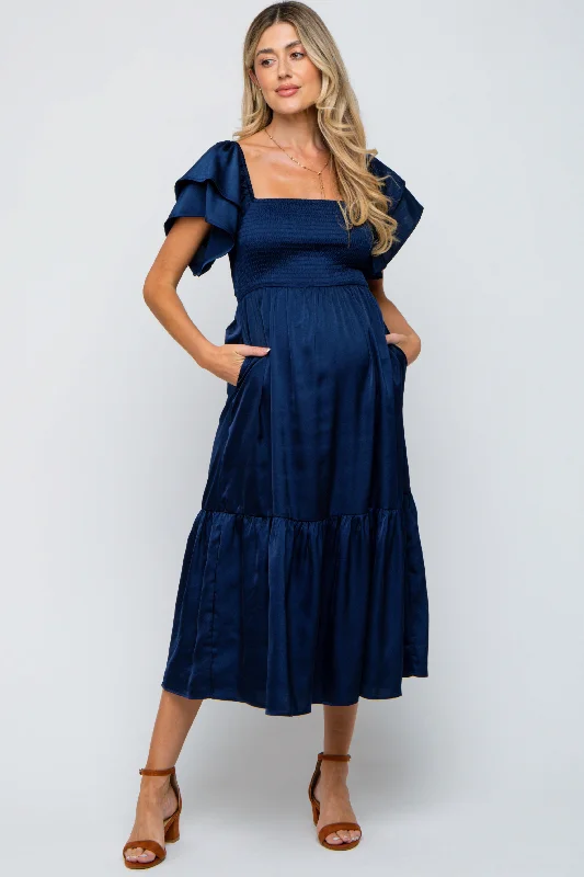 Online Clothing Boutiques Navy Satin Flutter Sleeve Maternity Midi Dress