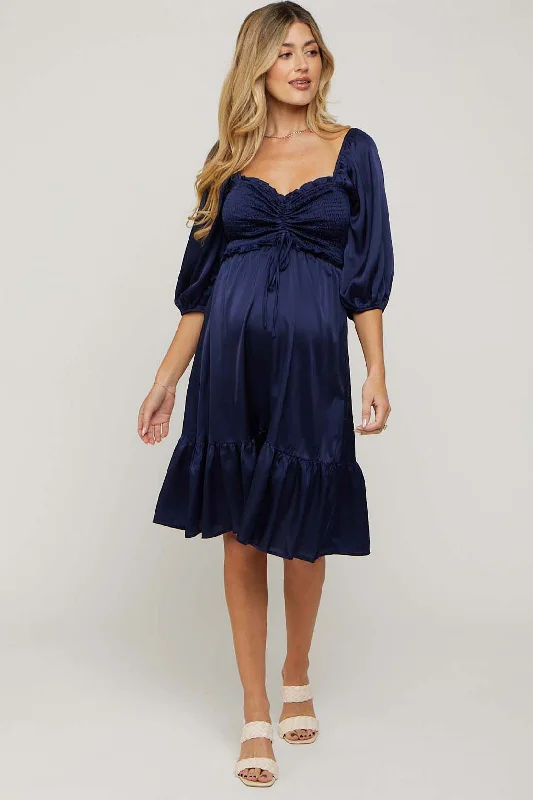 Women's Seasonal Garments Navy Satin Smocked Ruffle Hem Maternity Dress