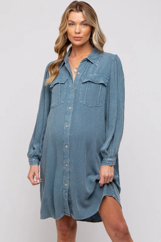 Formal Garments For Women Navy Vintage Wash Maternity Shirt Dress