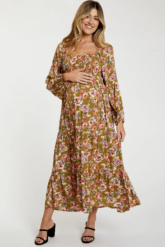 Women's Transitional Outfit Olive Floral Long Sleeve Maternity Maxi Dress