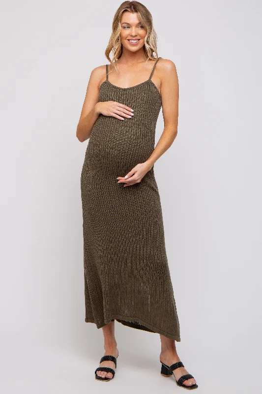 Women's Office Outfit Olive Open Knit Crochet Maternity Midi Dress