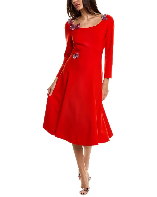 Women's Trendy Outfits Oscar de la Renta Butterfly Applique Silk-Lined Wool-Blend A-Line Dress