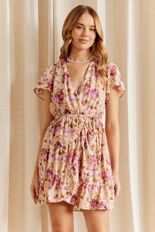 Women's Online Boutique Pink Floral Fit And Flare Dress Short Sleeve Wrap Chiffon