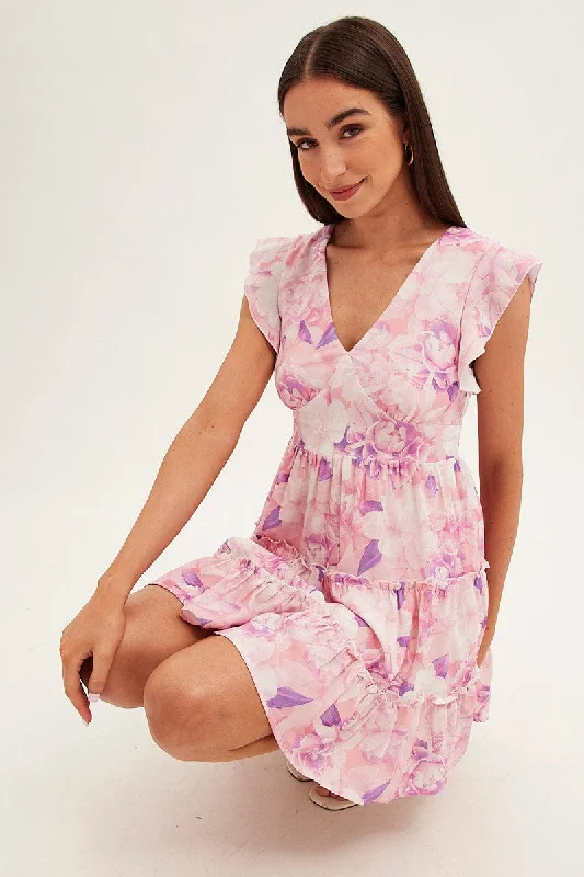 Charming Women's Outfit For Special Occasions Pink Floral Fit And Flare Dress Sleeveless V-Neck