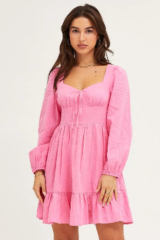 Unique Women's Fashion Pieces Pink Skater Dress Puff Sleeve Mini