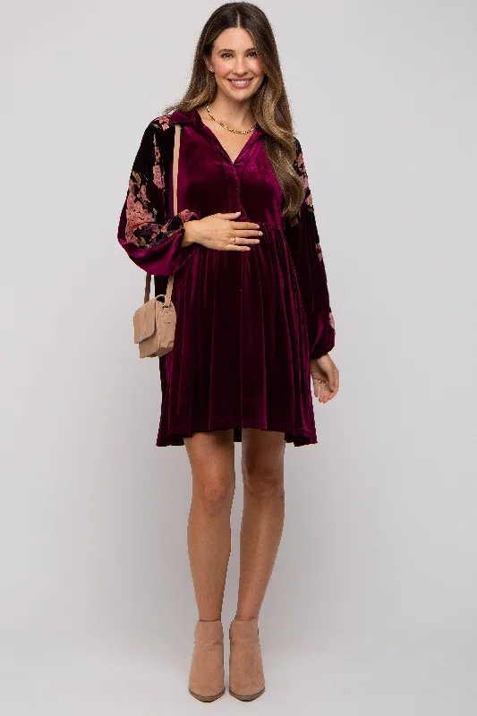 Casual Fashion Trends for Women Plum Velvet Floral Long Sleeve Maternity Dress