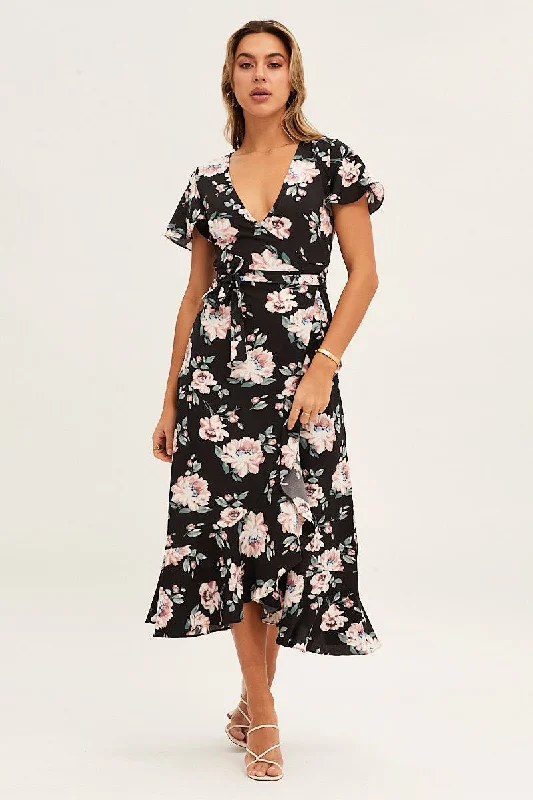 Flash Discount Print Wrap Midi Dress