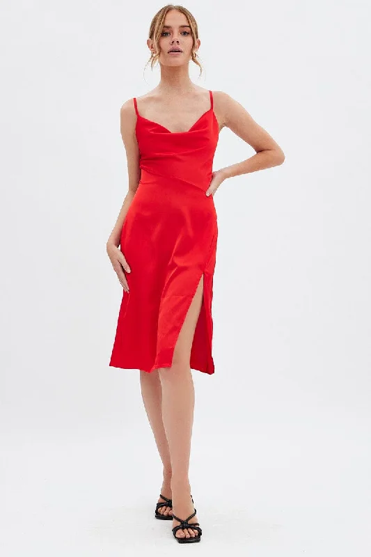 Women's Formal Apparel Red Cowl Neck Slip Midi Dress