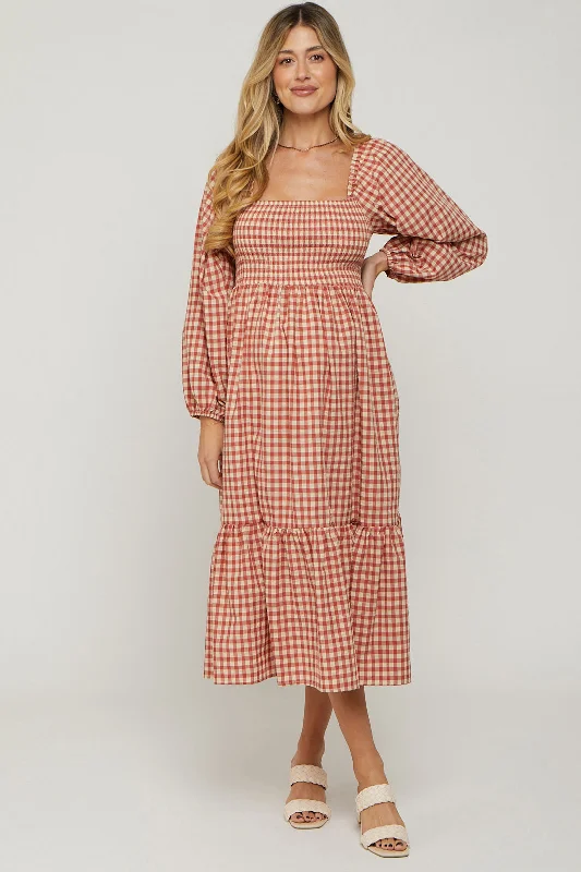 Women's Clothes For Work Rust Gingham Long Sleeve Maternity Midi Dress