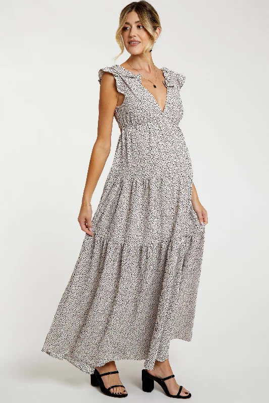 Women's Layered Outfit Taupe Printed Tiered Cutout Back Maternity Maxi Dress