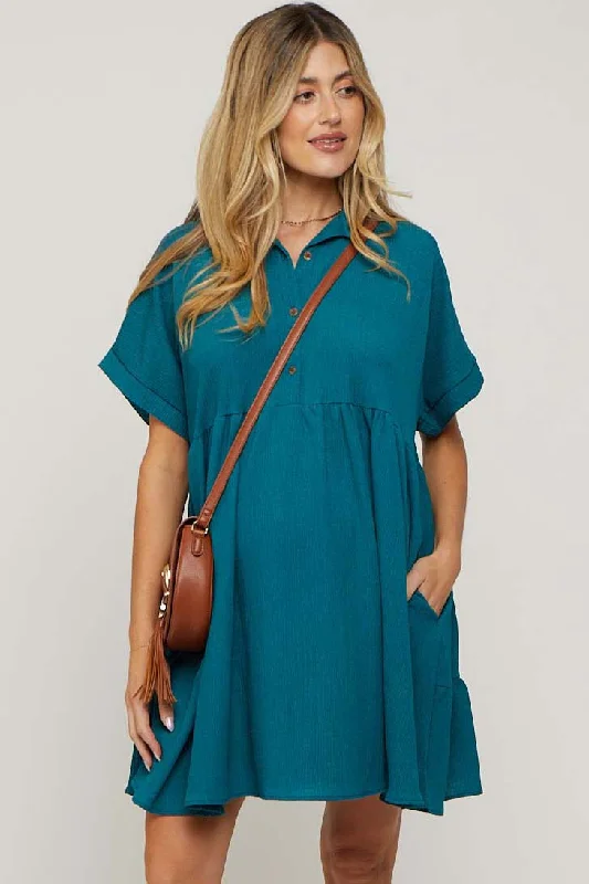 Stylish Women's Apparel Teal Collared Button Front Short Sleeve Maternity Dress