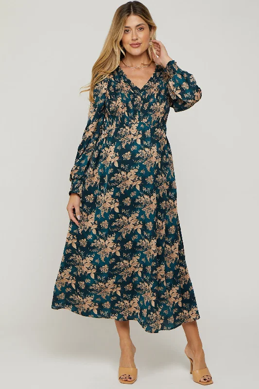 Women's Trendy Casual Clothes Teal Floral Long Sleeve Maternity Maxi Dress