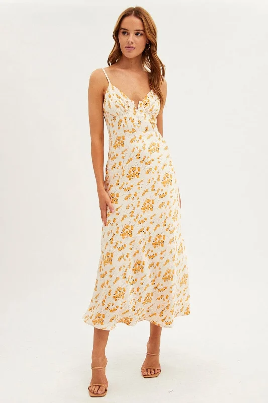 Flash Sale Or Flash Sales White Floral Midi Dress Sleeveless V-Neck Satin