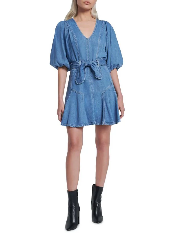 Luxury Women's Clothes Womens Denim Puff Sleeve Mini Dress