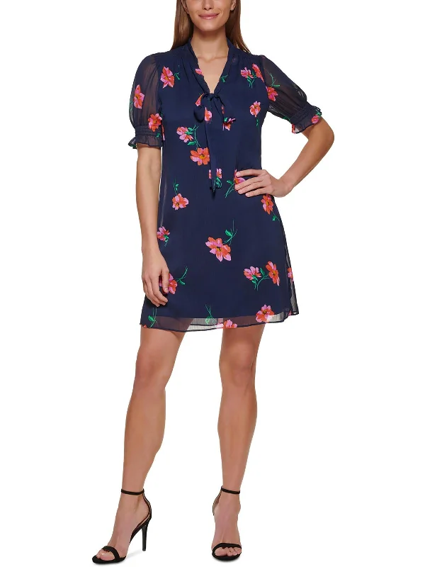 Online Boutiques Best Womens Floral Print Mini Tie-Neck Shift Dress