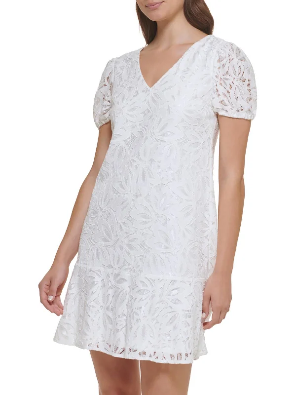 Women's Professional Apparel Womens Lace Puff Sleeves Shift Dress