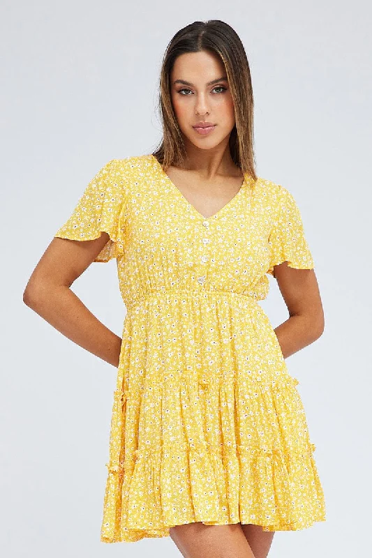 Effortless Chic for Women Yellow Ditsy Fit And Flare Dress Short Sleeve Mini