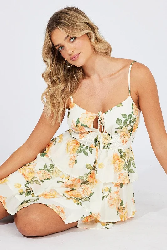 Unique Women's Fashion Pieces Yellow Floral Fit and Flare Dress Sleeveless Ruffle