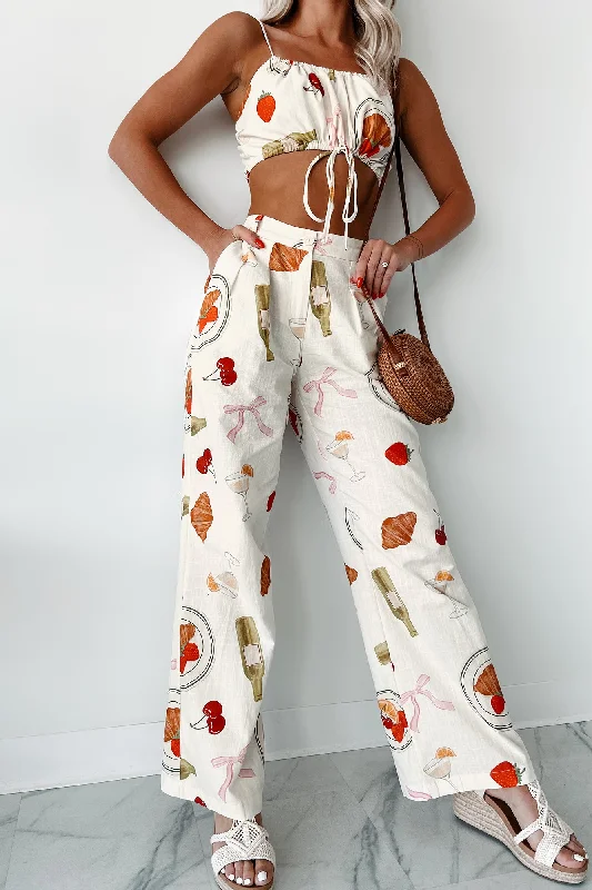 Vintage Women's Fashion Back In Paris Printed Wide Leg Pants (Ivory)