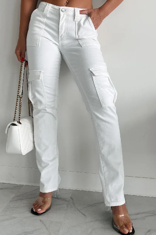 Women's Work Outfit Cool Ambition Mid Rise Straight Leg Cargo Jeans (White)