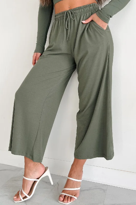 Women's Casual and Dressy Outfits Lazy Reputation Drawstring Waist Lounge Pants (Dusty Olive)