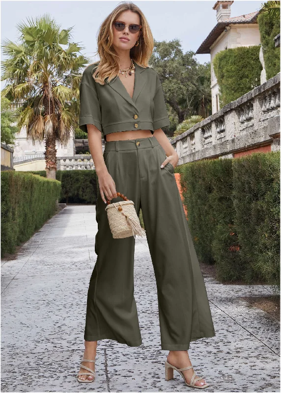 Cheap Women's Clothing Online Flare Leg Suiting Set - Olive